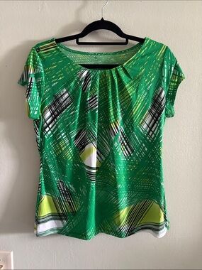 Worthington Green Abstract Print Short Sleeve Scoop Neck Top PL